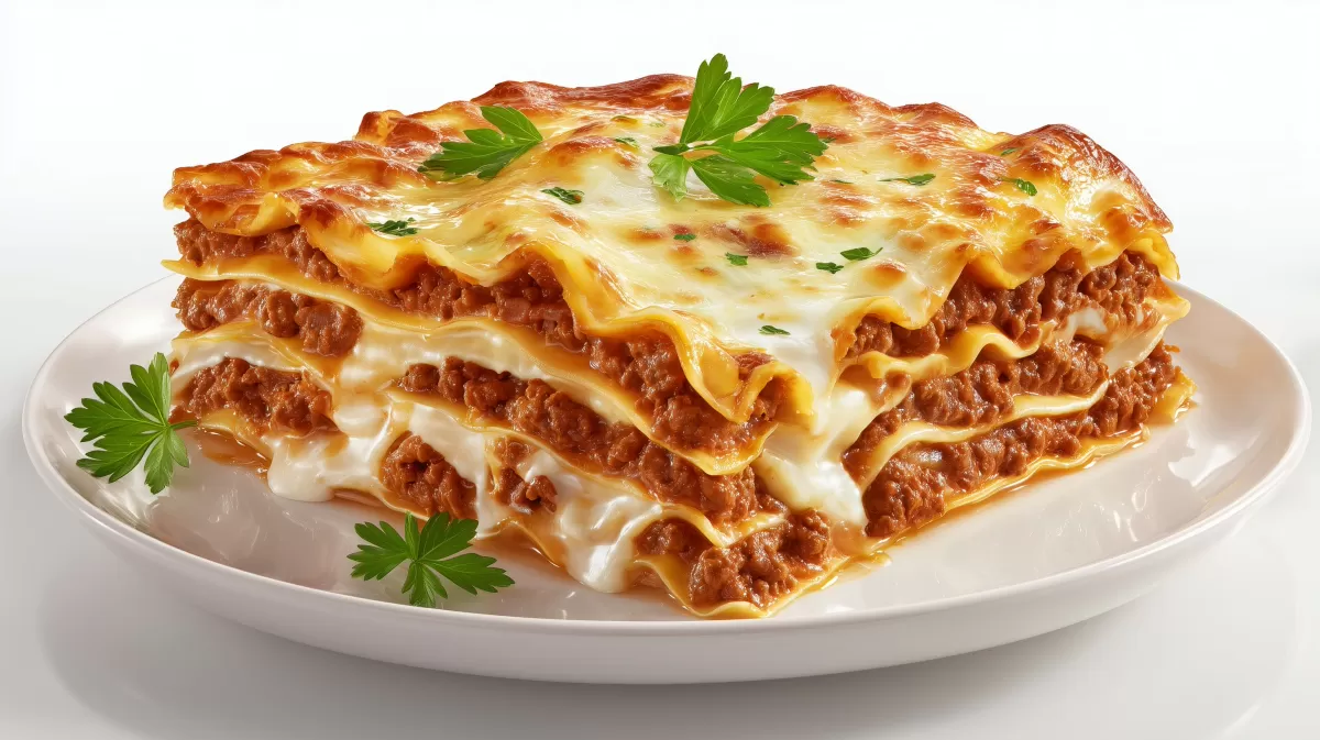Lasagne Bolognese mit Käse auf weißem Teller