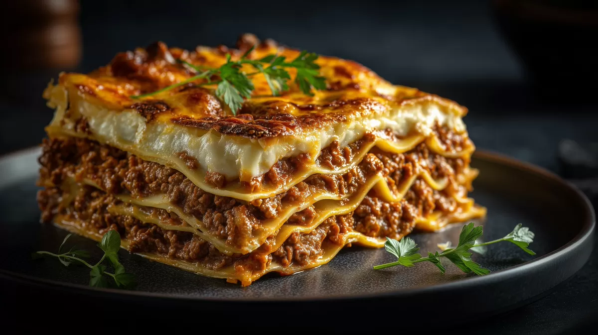 Lasagne Bolognese mit Käsekruste auf dunklem Teller