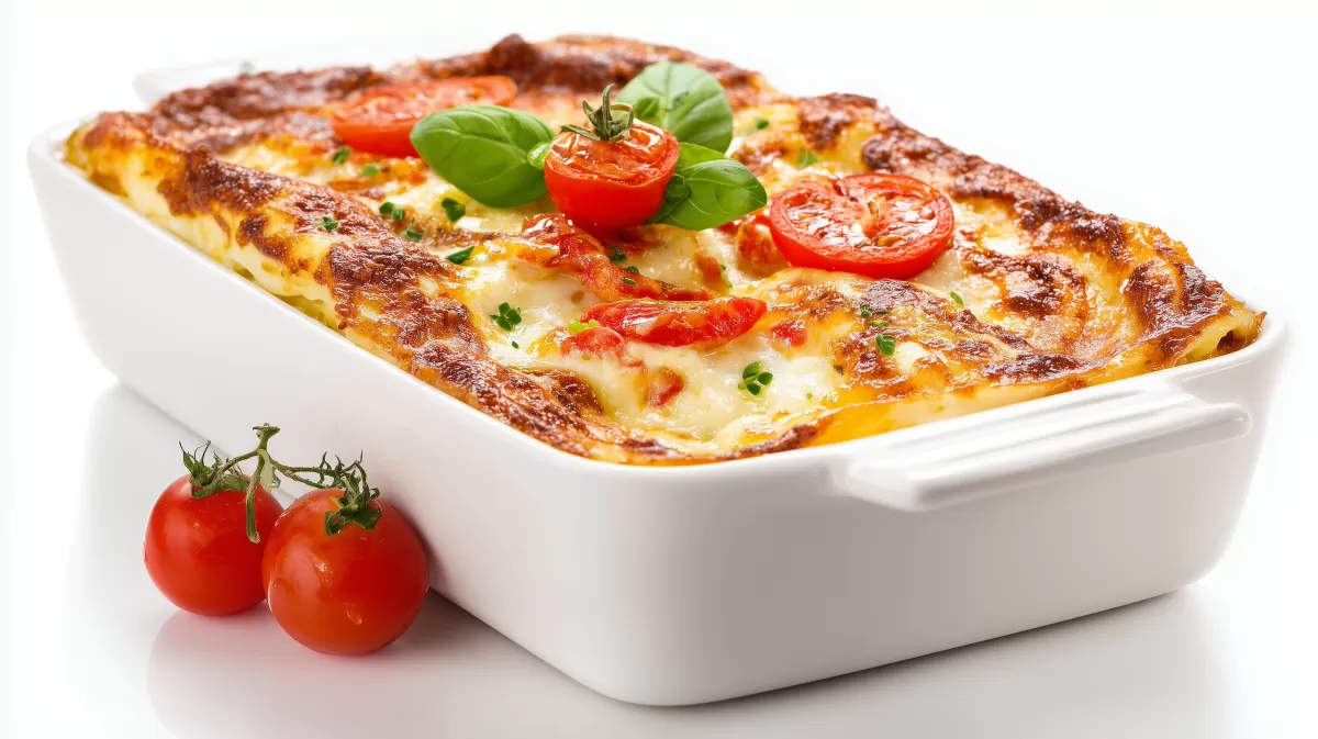 Lasagne mit Chili Pesto in weißer Auflaufform