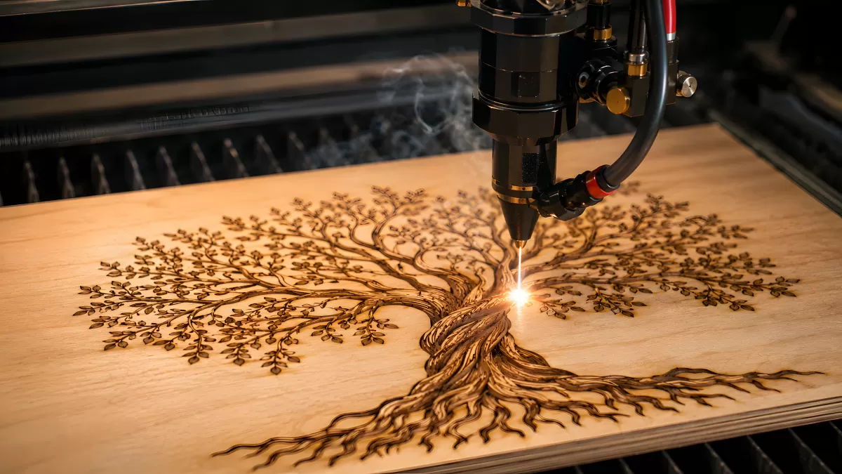 Lasergravur eines Lebensbaums auf Holzplatte