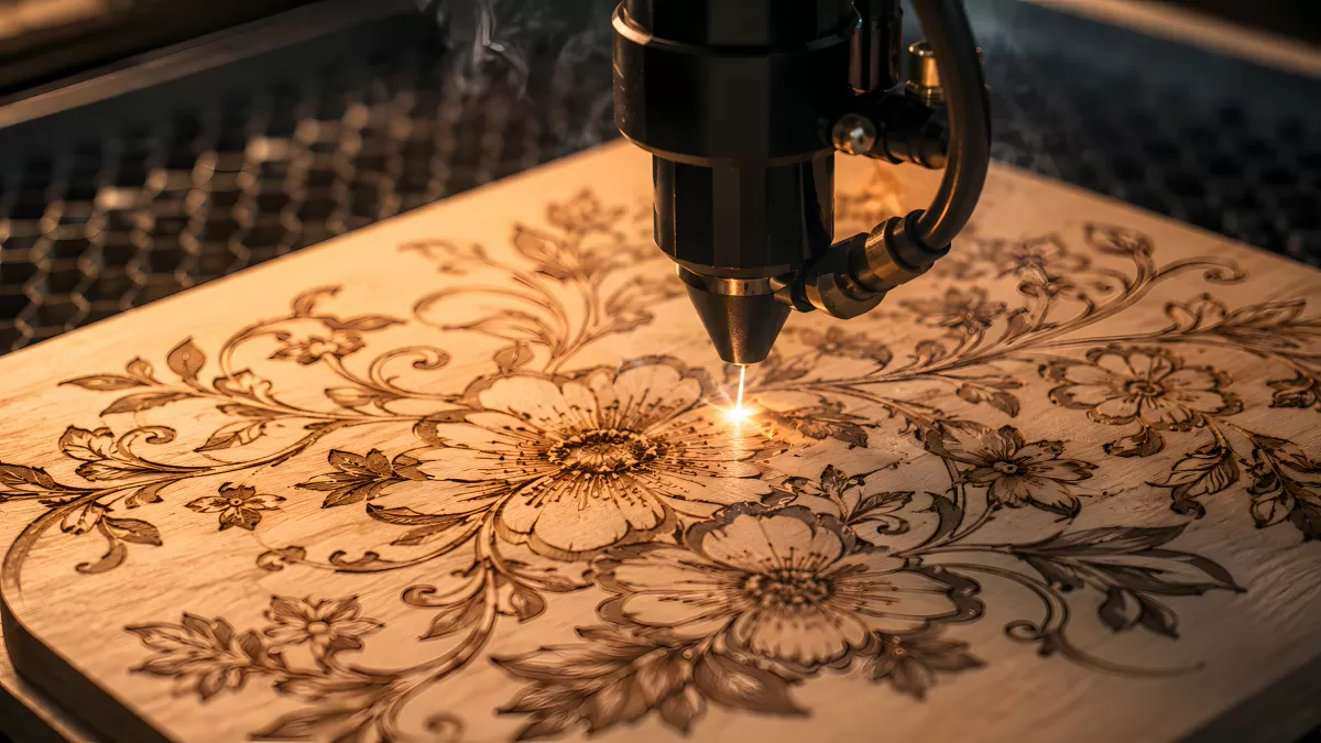 Lasergravur mit Blumenmuster auf Holzplatte
