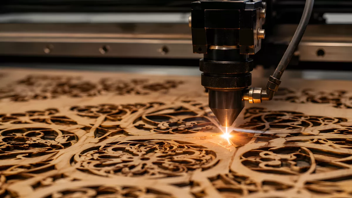 Laserschneidmaschine graviert Holzplatte mit Ornamenten