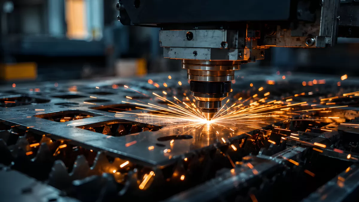 Laserschneidmaschine schneidet Metallplatte mit Funken