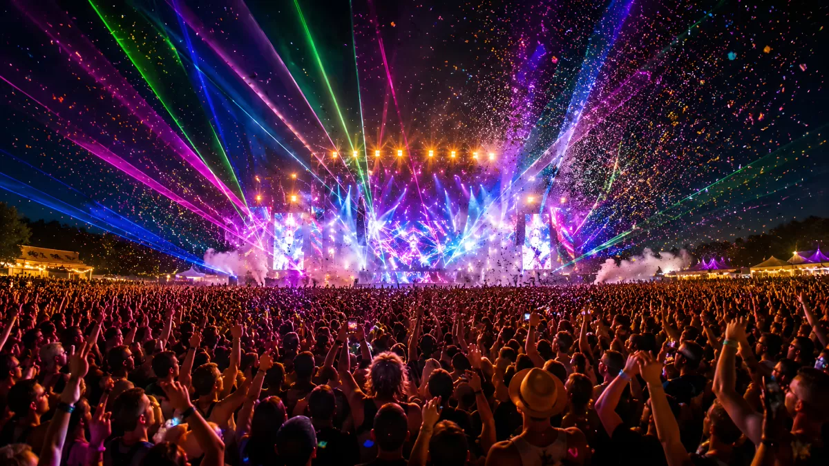 Lasershow und Konfetti bei großem Musikfestival nachts