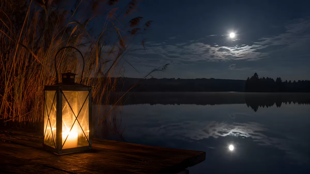 Laterne am Seeufer bei Vollmond in der Nacht
