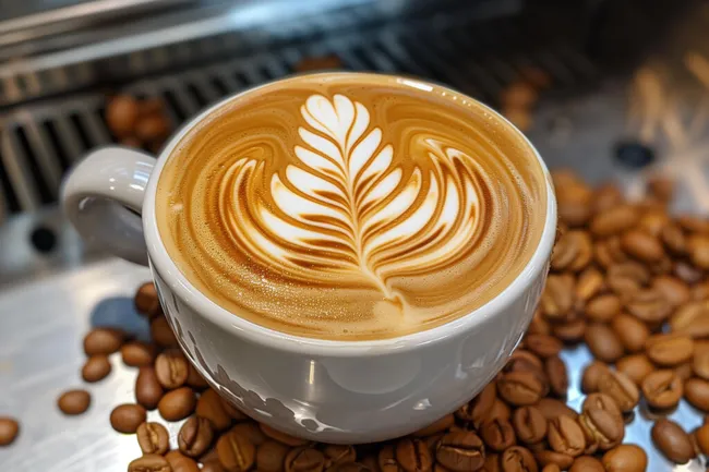 Latte Art in Kaffeetasse mit Kaffeebohnen