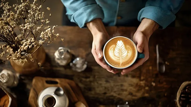 Latte-Kunst: Perfekte Milchschaumkreation in rustikaler Kaffeekulisse