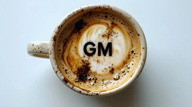 Latte mit GM-Logo - Handgemachtes Kaffeebild in Nahaufnahme