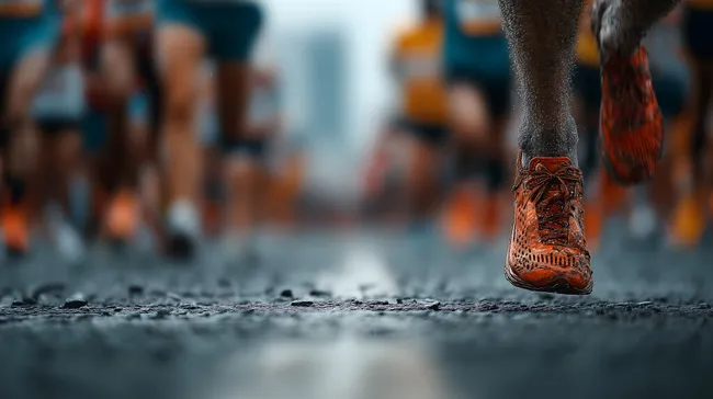 Laufende Füße in Trailrunning-Schuhen auf der Straße