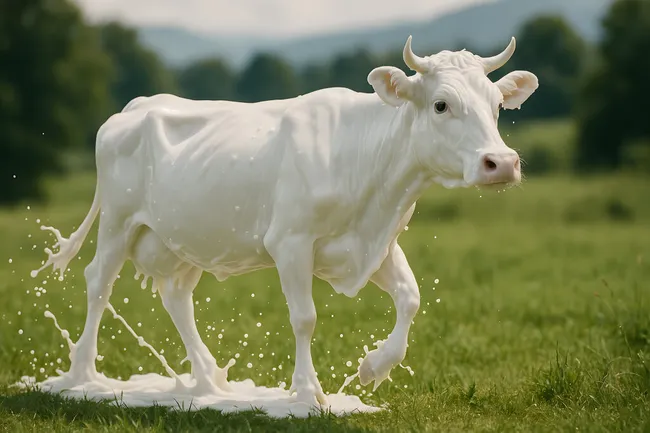Laufende Kuh mit Milchspritzern auf der Wiese