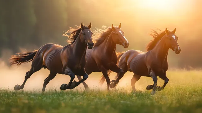 Laufende Pferde auf sonniger Sommerwiese