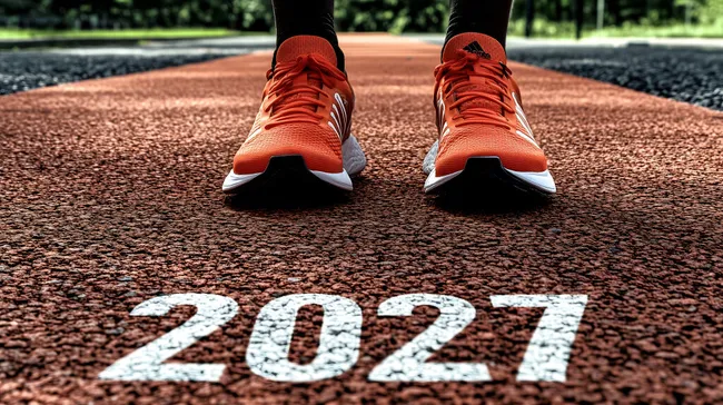 Laufende Sportler auf Laufbahn mit Jahreszahl 2027