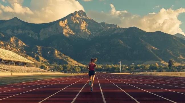 Lauferin am Morgen vor Berglandschaft