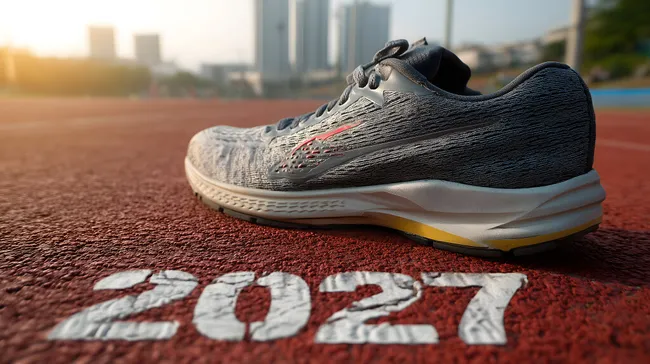 Laufschuh auf Leichtathletikbahn mit Jahreszahl 2027