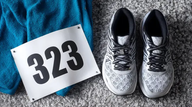 Laufschuhe und Startnummer auf Teppichboden mit Handtuch