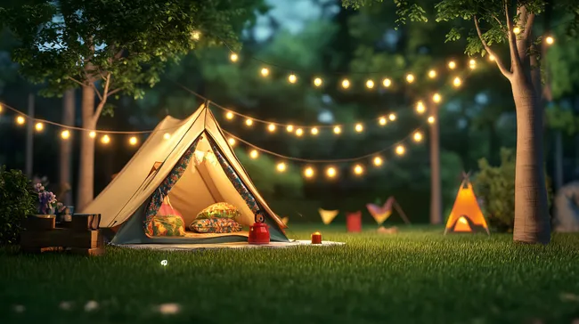 Lauschiges Nachtlager im Wald mit Lichterkette