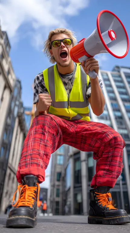 Lautstarker Bauarbeiter ruft mit Megafon auf