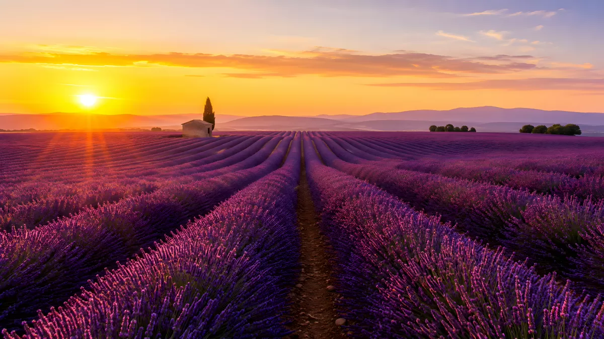 Lavendelfeld in der Provence bei goldenem Sonnenuntergang