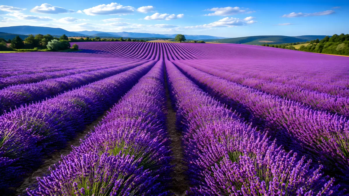 Lavendelfeld in voller Blüte unter blauem Himmel