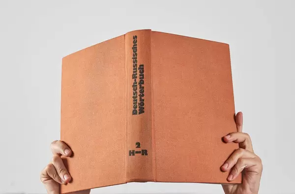 Learning languages concept. Woman holds German-Russian dictionary