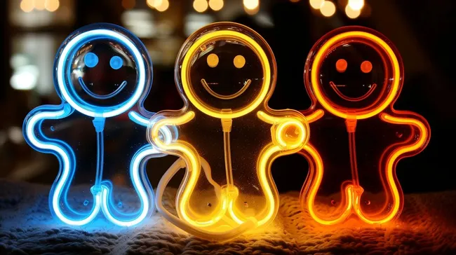 Lebendig tanzende Neon-Figuren auf dunklem Hintergrund