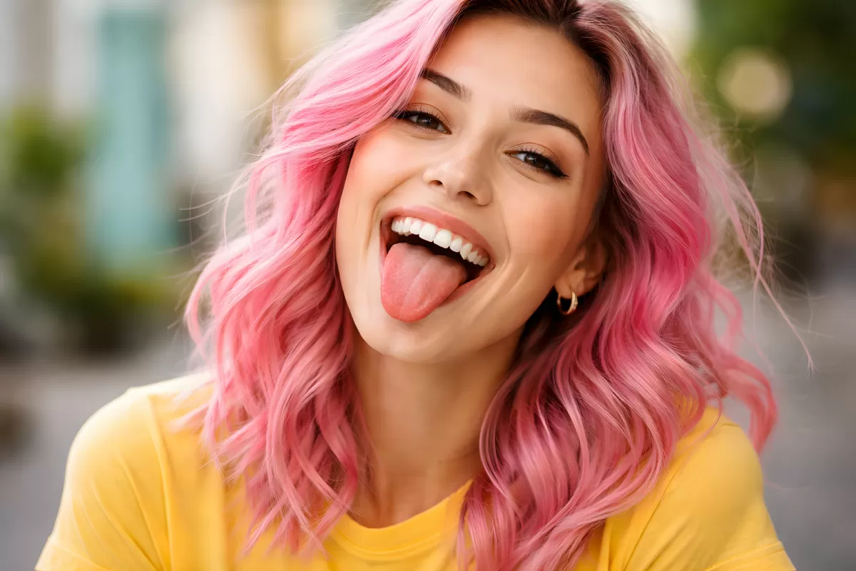 Lebendige Frau mit pinkfarbener Lockenpracht