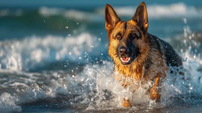 Lebendiger deutscher Schäferhund im Meereswasser