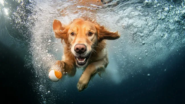 Lebendiger Hund taucht unter Wasser und fängt Ball