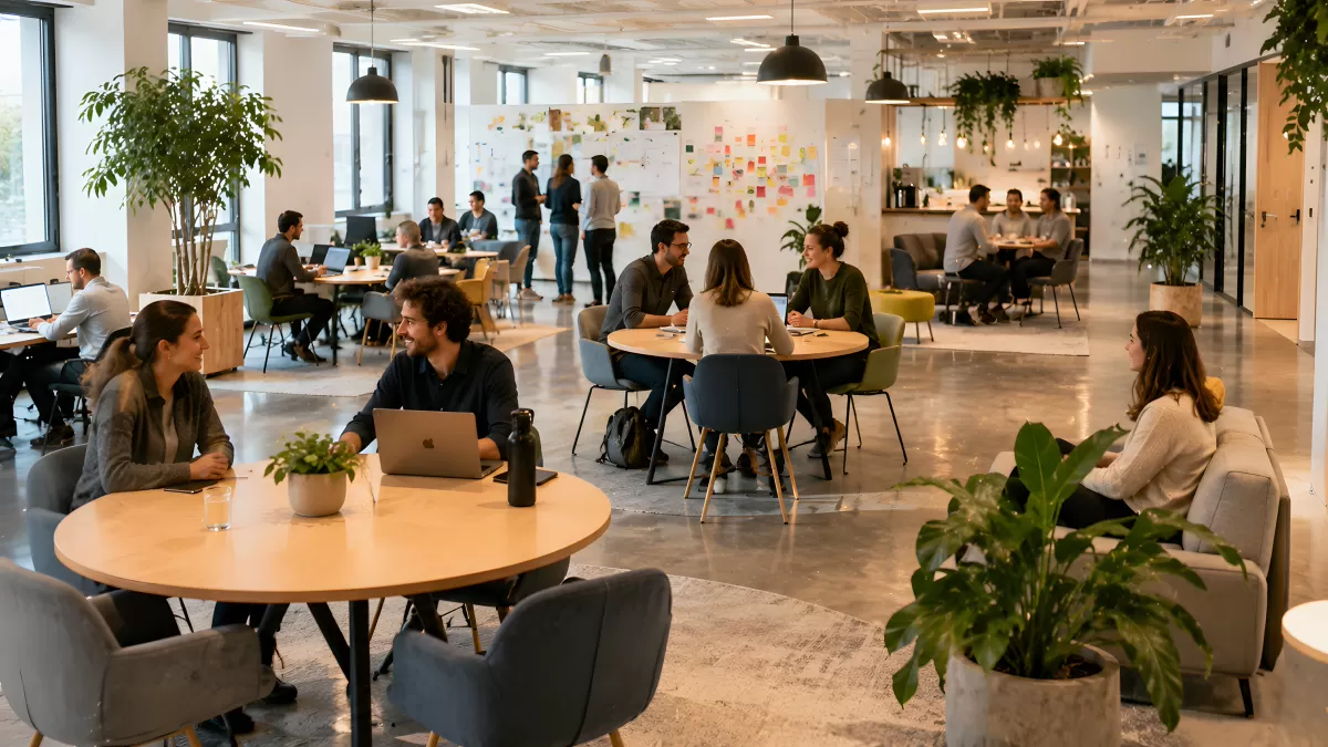 Lebendiges Büro mit Mitarbeitern in offener Arbeitsumgebung