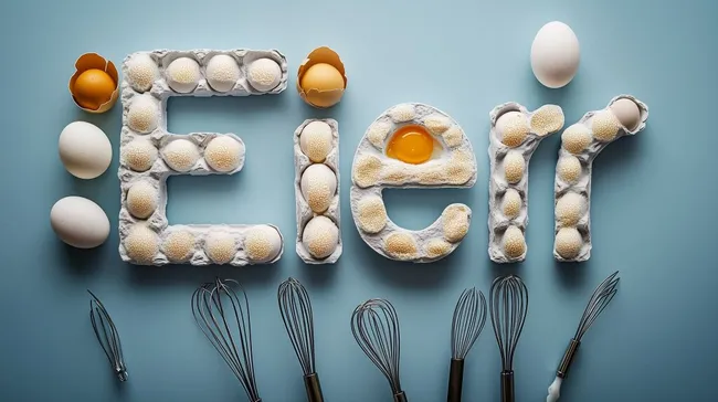 Lebensmittel-Collage mit Eiern und Küchenutensilien