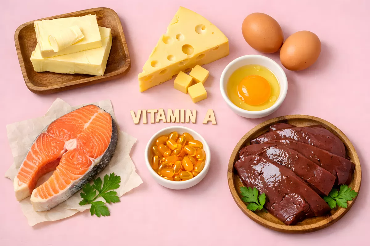 Lebensmittel reich an Vitamin A auf rosa Hintergrund