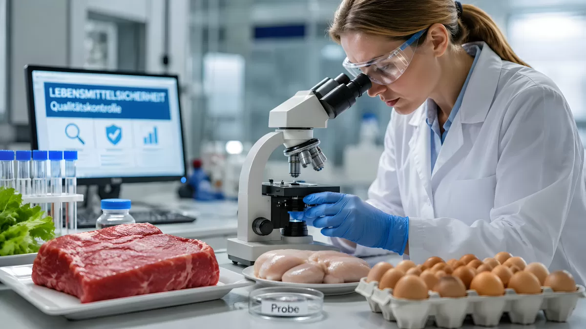 Lebensmittelkontrolle im Labor mit Mikroskop und Fleisch