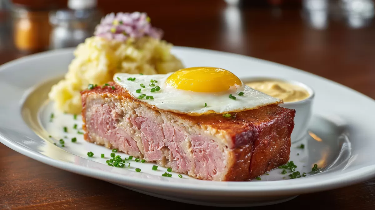 Leberkse mit Spiegelei auf Kartoffelpüree