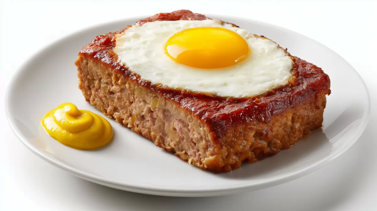 Leberkse mit Spiegelei und Senf auf weißem Teller