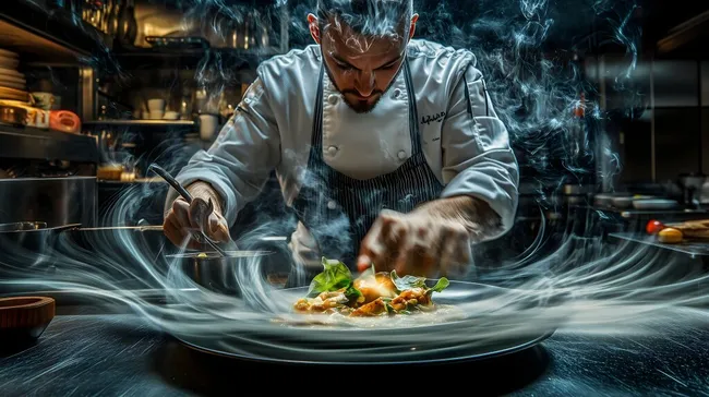 Lebhafter Koch bereitet Gourmetgericht in Küche zu