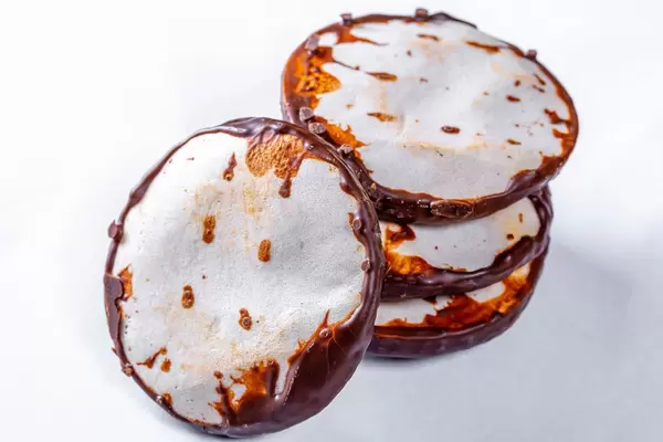 Lebkuchen-Taler mit weißer und dunkler Schokolade vor weißem Hintergrund