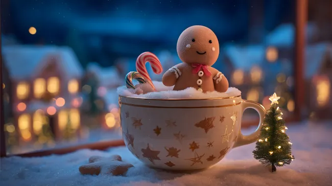 Lebkuchenmännchen in Tasse mit Weihnachtsdekor