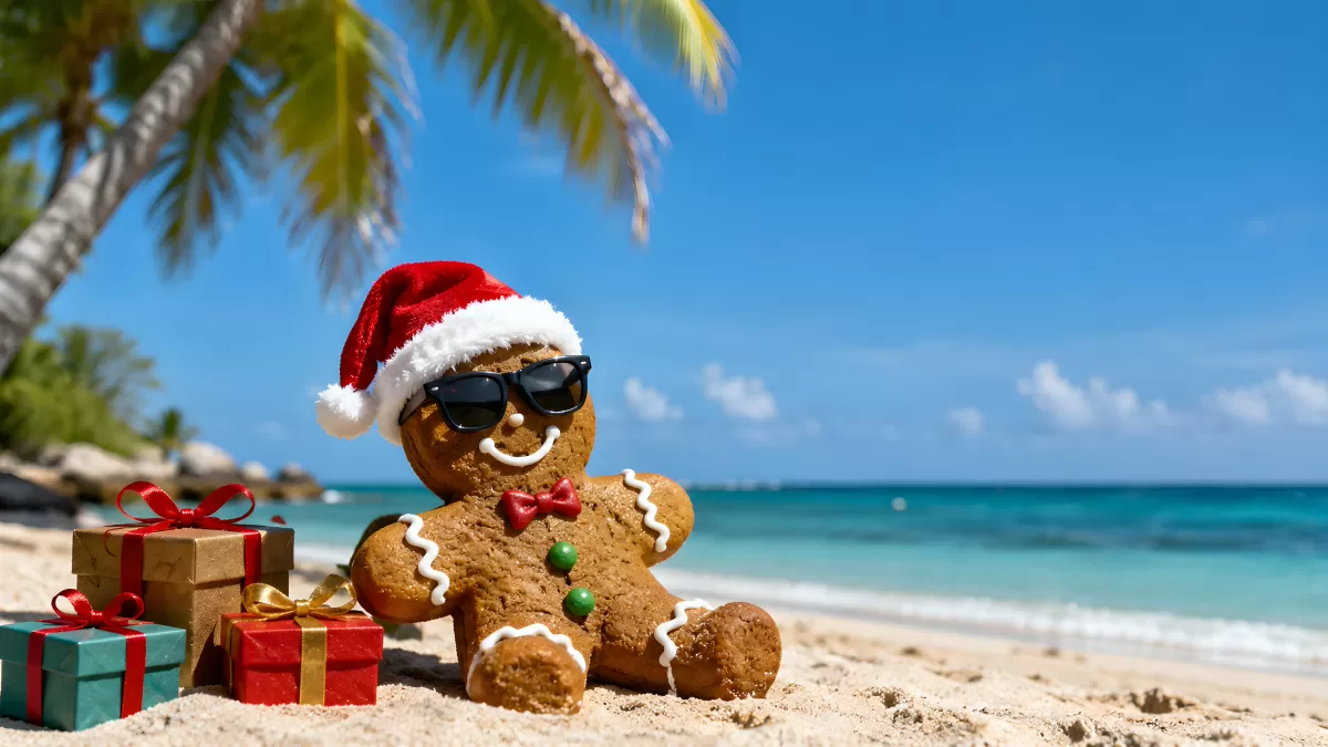 Lebkuchenmann mit Weihnachtsmütze am Sandstrand