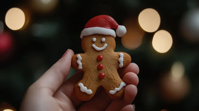 Lebkuchenmann mit Weihnachtsmütze in Händen
