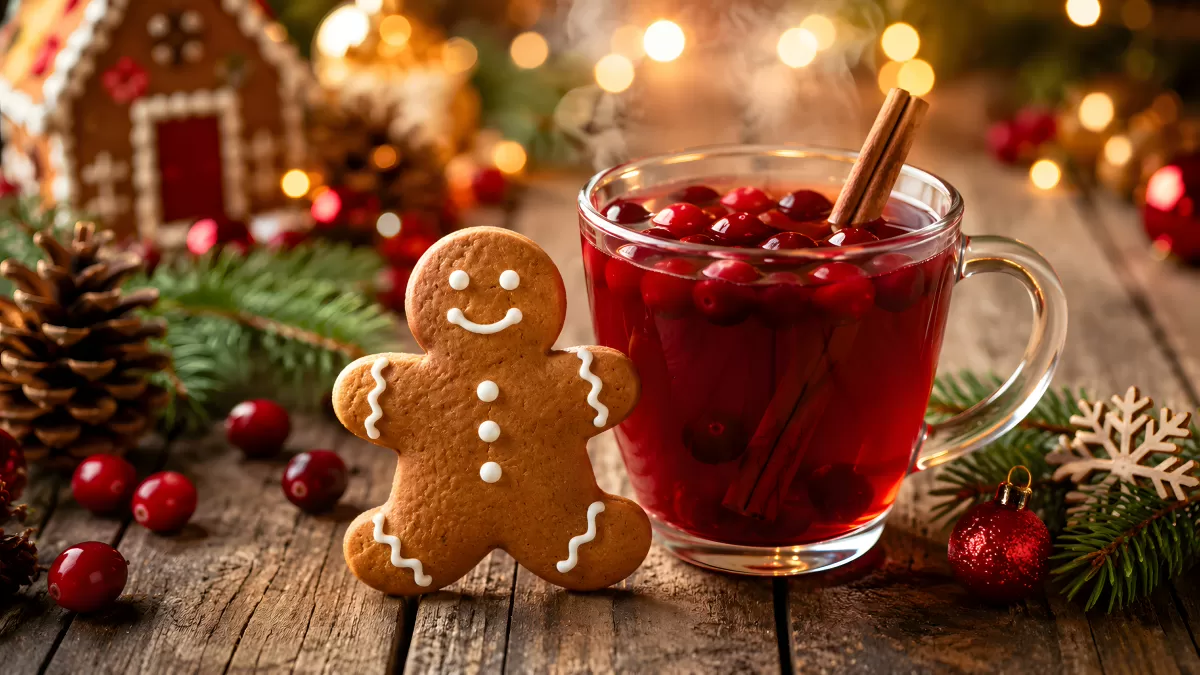 Lebkuchenmann und heißer Cranberry-Punsch zu Weihnachten
