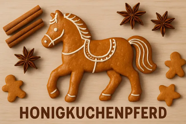 Lebkuchenpferd mit Sternanis und Zimt auf Holzuntergrund
