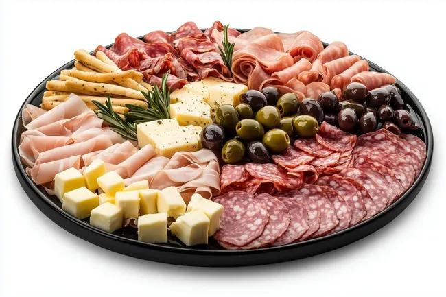 Leckere Antipasti-Platte mit Käse, Wurst und Oliven