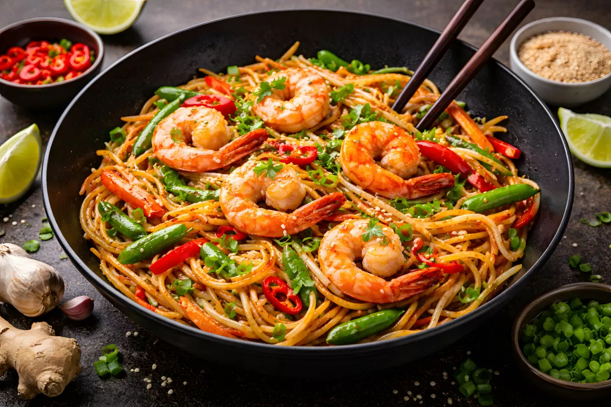 Leckere asiatische Garnelen-Nudelpfanne