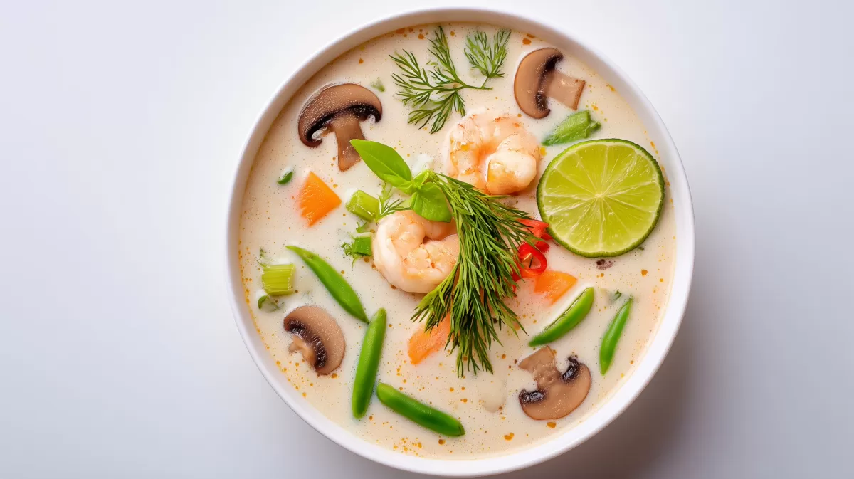 Leckere asiatische Kokossuppe mit Shrimps und Gemüse