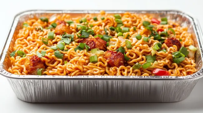 Leckere asiatische Nudelgerichte in Aluminiumschale