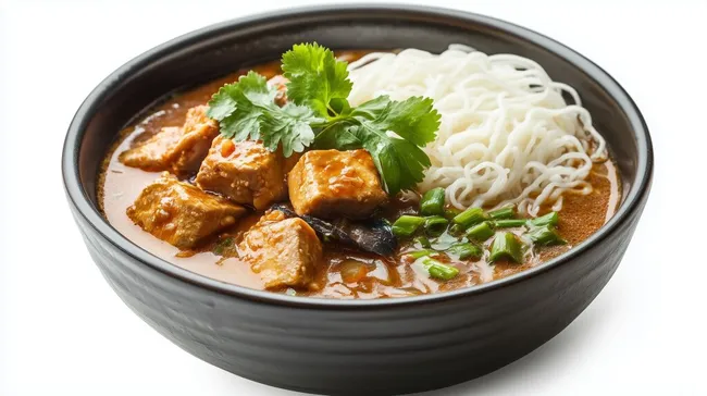 Leckere asiatische Nudelsuppe mit Fisch und Gemüse