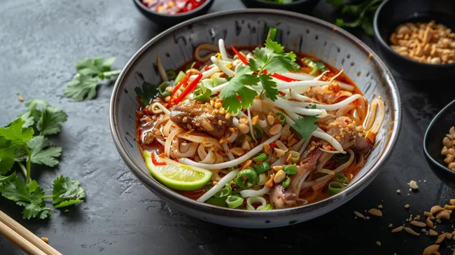 Leckere Asiatische Nudelsuppe mit Gemüse und Fleisch