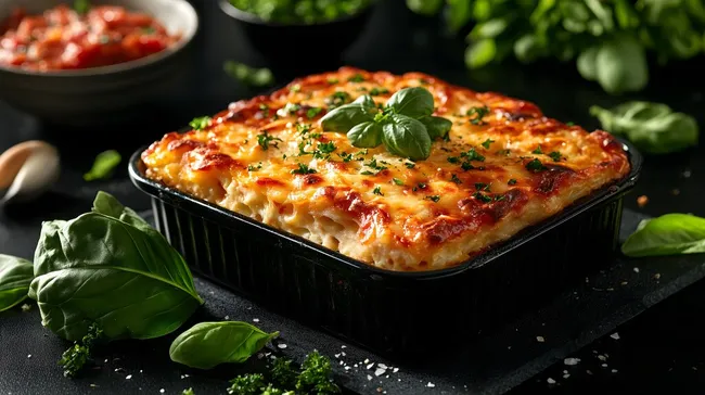 Leckere Auflaufform mit Lasagne und Basilikum
