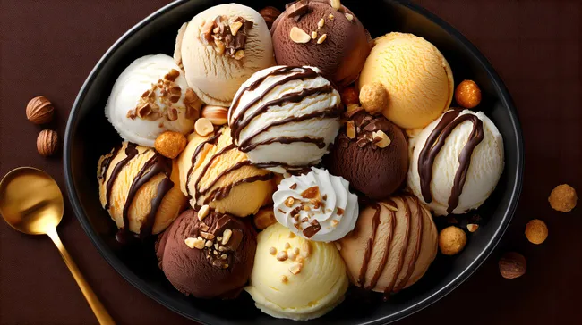 Leckere Auswahl an Eiscremes und Pralinen auf dunklem Untergrund