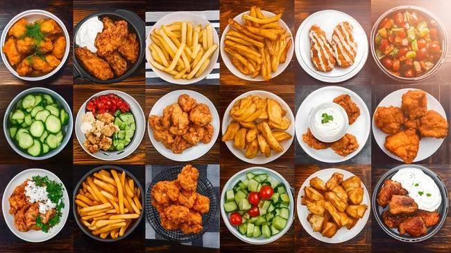 Leckere Auswahl knuspriger Frittiergerichte auf Holztisch